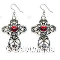 Red Stone Cross Earrings - Click Image to Close